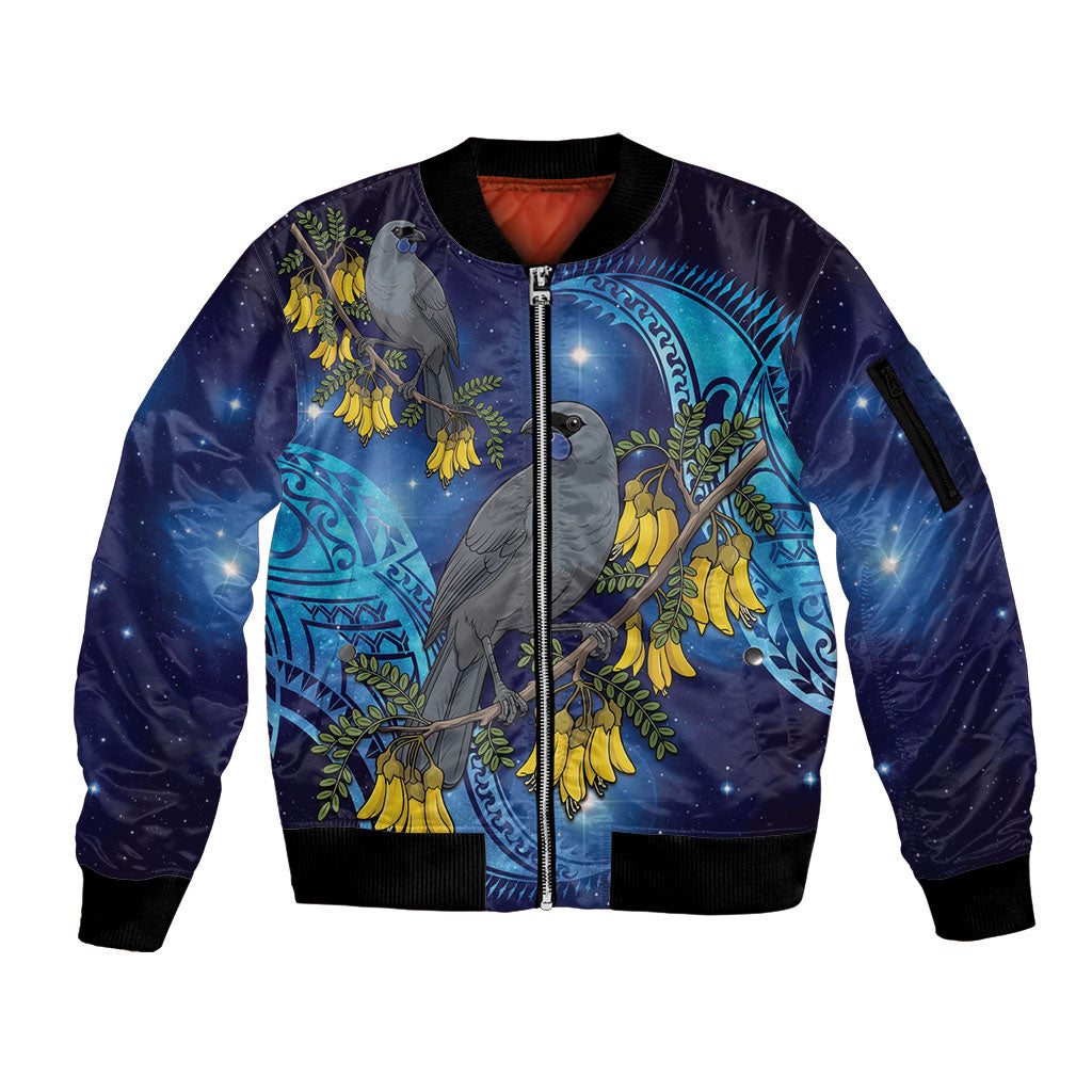 New Zealand Kokako Bird Sleeve Zip Bomber Jacket Kowhai Galaxy Style Polynesian Pattern LT22 Unisex Blue - Polynesian Pride