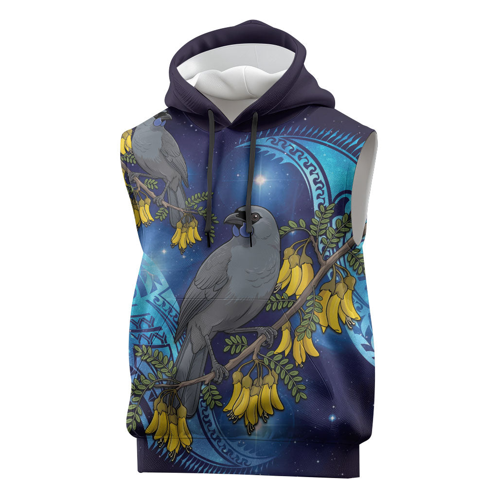 New Zealand Kokako Bird Sleeveless Hoodie Kowhai Galaxy Style Polynesian Pattern LT22 Blue - Polynesian Pride