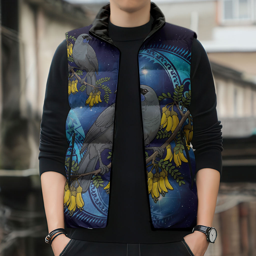 New Zealand Kokako Bird Sleeveless Puffer Jacket Kowhai Galaxy Style Polynesian Pattern