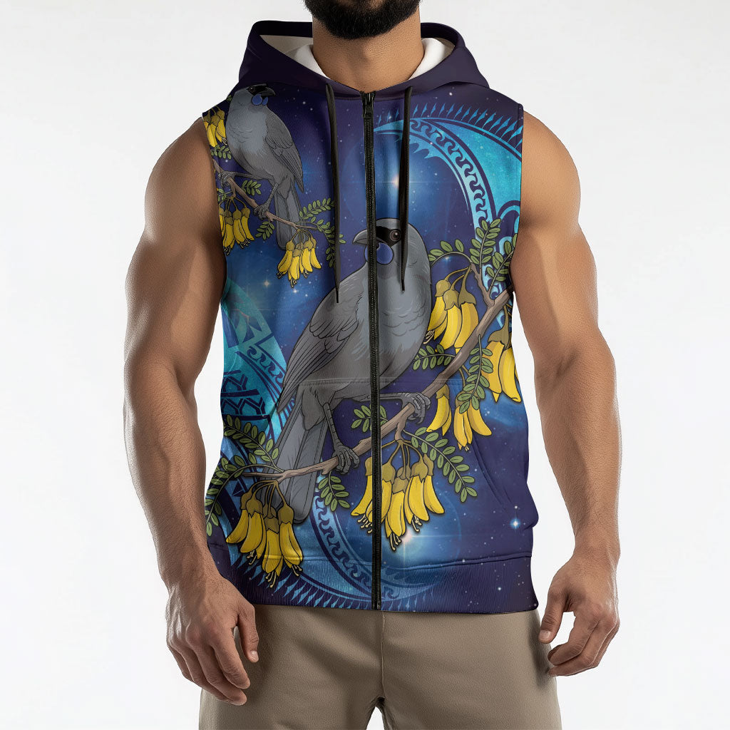 New Zealand Kokako Bird Sleeveless Zip Hoodie Kowhai Galaxy Style Polynesian Pattern