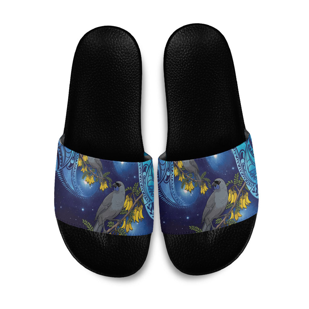 New Zealand Kokako Bird Slide Sandals Kowhai Galaxy Style Polynesian Pattern LT22 Blue - Polynesian Pride