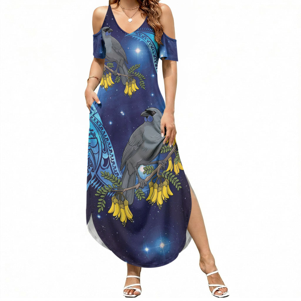 New Zealand Kokako Bird Summer Maxi Dress Kowhai Galaxy Style Polynesian Pattern LT22 Women Blue - Polynesian Pride