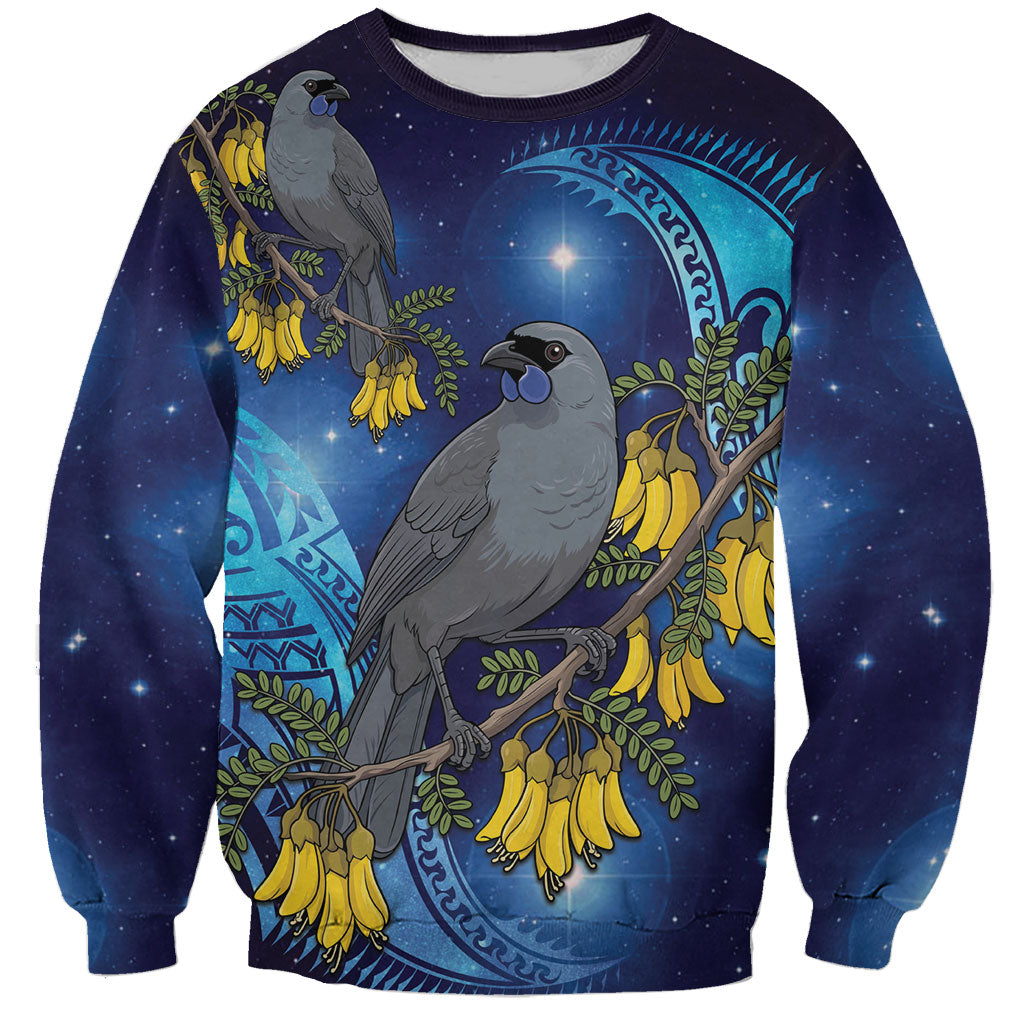 New Zealand Kokako Bird Sweatshirt Kowhai Galaxy Style Polynesian Pattern LT22 Unisex Blue - Polynesian Pride