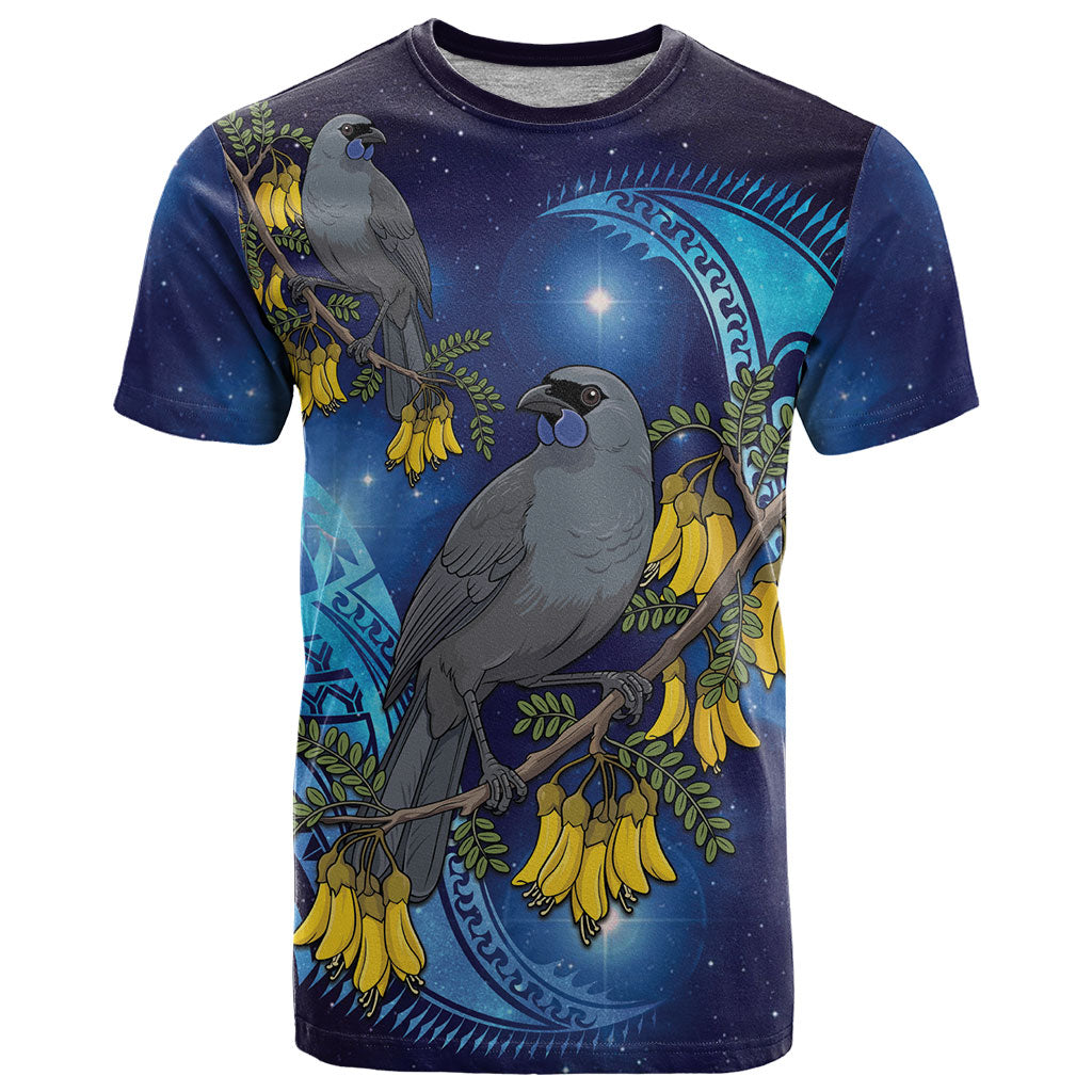 New Zealand Kokako Bird T Shirt Kowhai Galaxy Style Polynesian Pattern LT22 Blue - Polynesian Pride