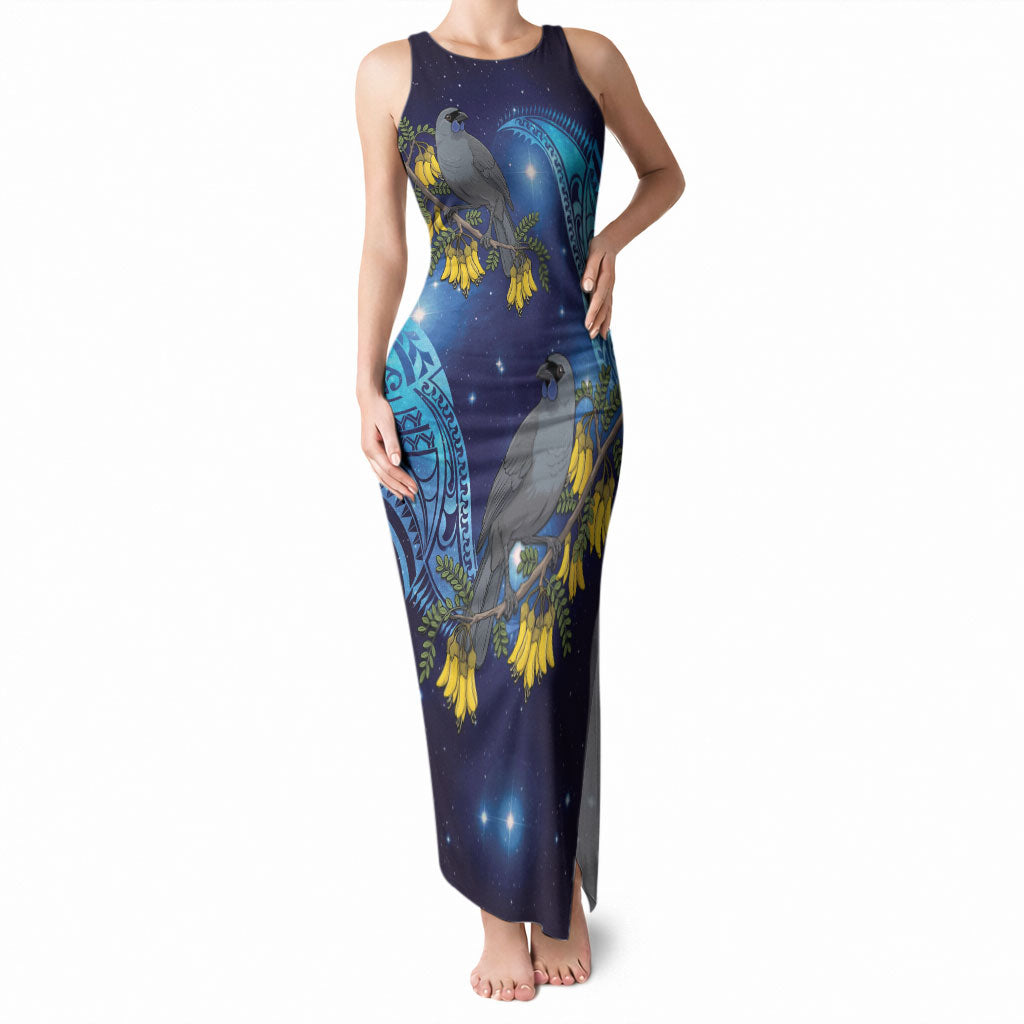 New Zealand Kokako Bird Tank Maxi Dress Kowhai Galaxy Style Polynesian Pattern LT22 Women Blue - Polynesian Pride