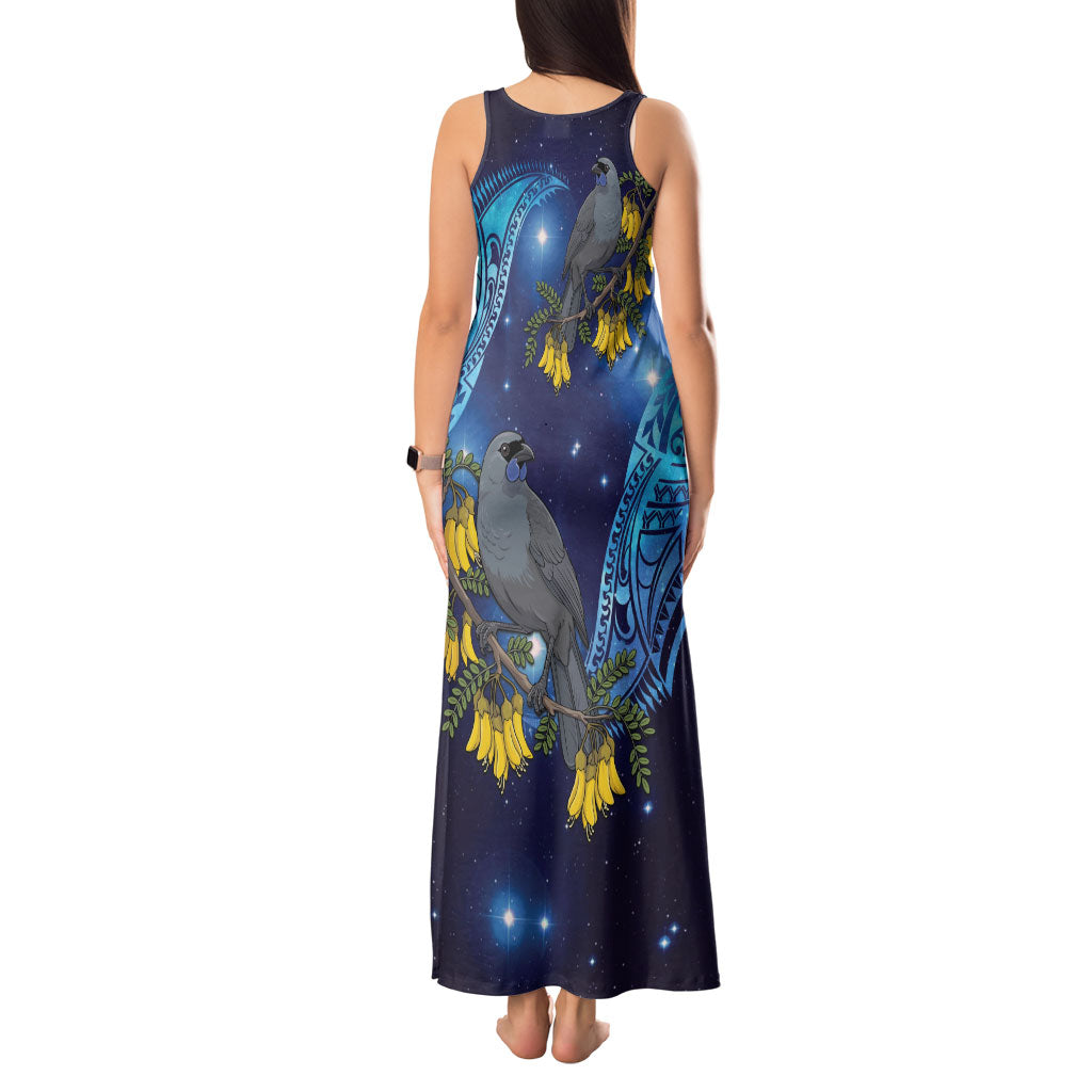 New Zealand Kokako Bird Tank Maxi Dress Kowhai Galaxy Style Polynesian Pattern