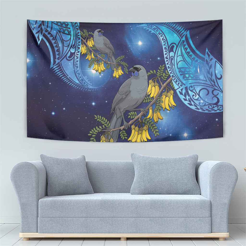 New Zealand Kokako Bird Tapestry Kowhai Galaxy Style Polynesian Pattern