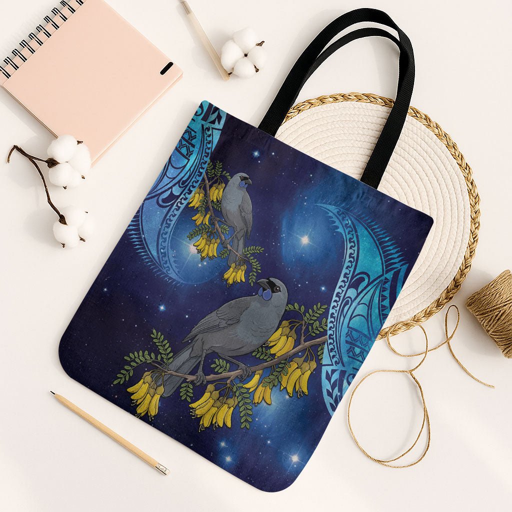 New Zealand Kokako Bird Tote Bag Kowhai Galaxy Style Polynesian Pattern LT22 Black Strap One Size Blue - Polynesian Pride