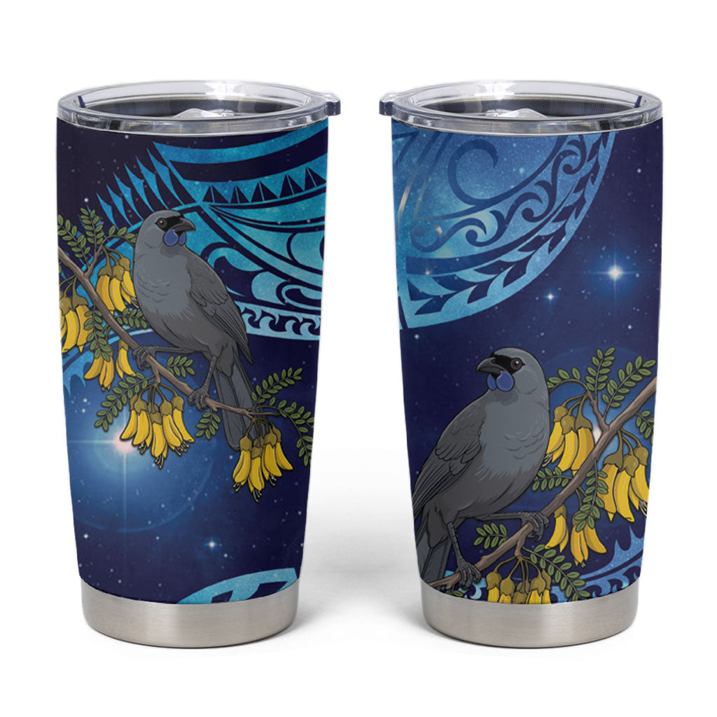New Zealand Kokako Bird Tumbler Cup Kowhai Galaxy Style Polynesian Pattern LT22 Blue - Polynesian Pride