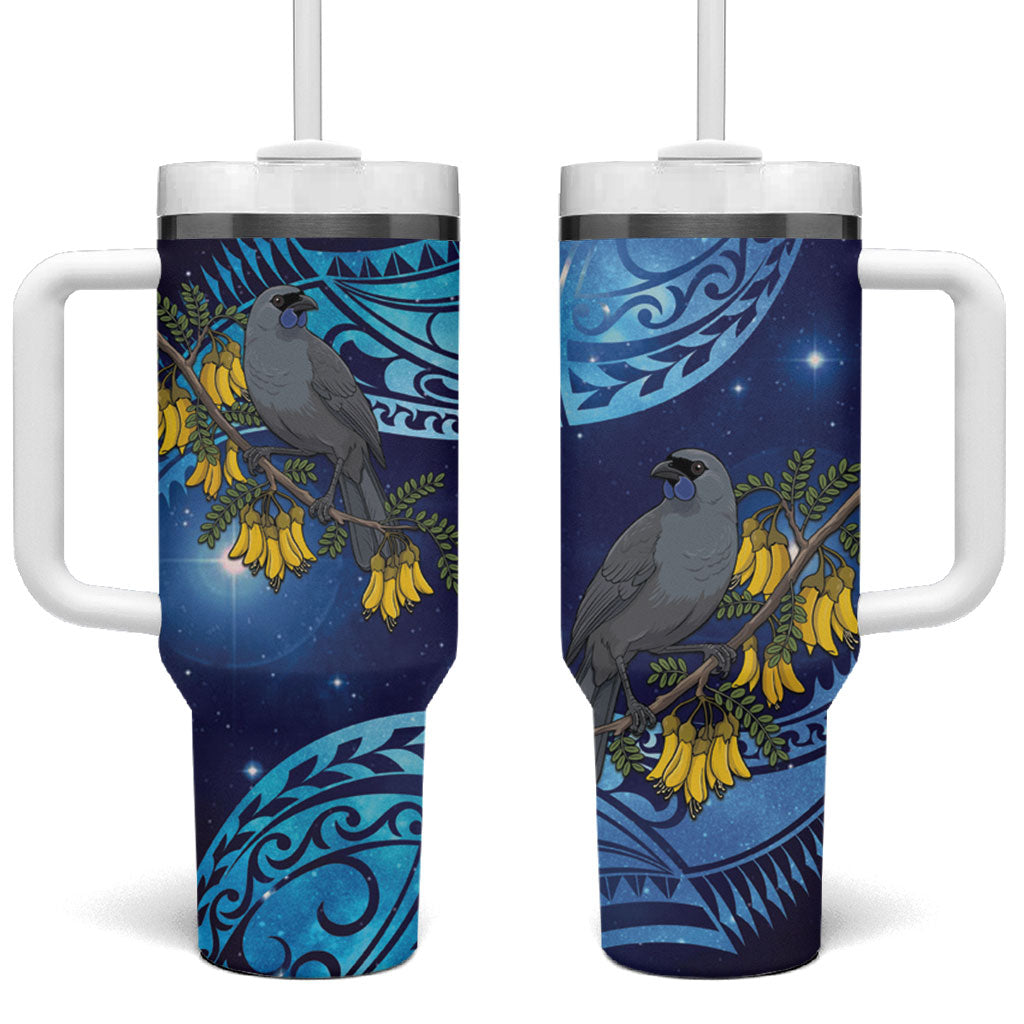 New Zealand Kokako Bird Tumbler With Handle Kowhai Galaxy Style Polynesian Pattern LT22 One Size: 40 oz Blue - Polynesian Pride