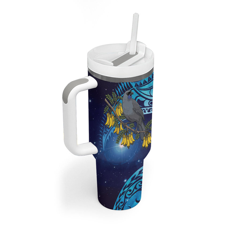 New Zealand Kokako Bird Tumbler With Handle Kowhai Galaxy Style Polynesian Pattern