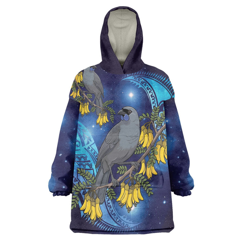 New Zealand Kokako Bird Wearable Blanket Hoodie Kowhai Galaxy Style Polynesian Pattern LT22 One Size Blue - Polynesian Pride