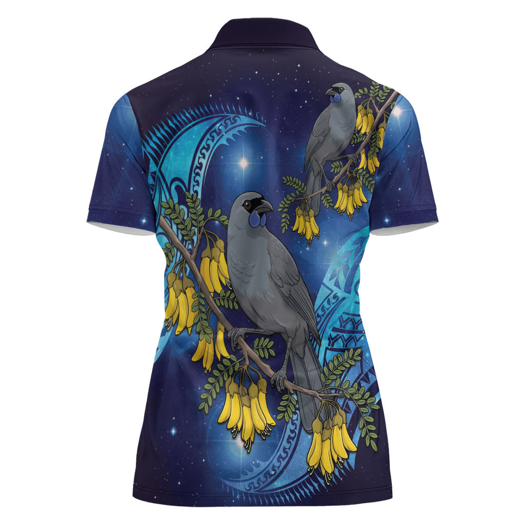 New Zealand Kokako Bird Women Polo Shirt Kowhai Galaxy Style Polynesian Pattern