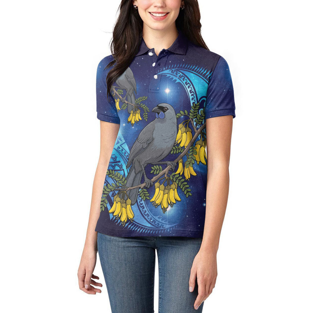 New Zealand Kokako Bird Women Polo Shirt Kowhai Galaxy Style Polynesian Pattern