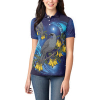 New Zealand Kokako Bird Women Polo Shirt Kowhai Galaxy Style Polynesian Pattern