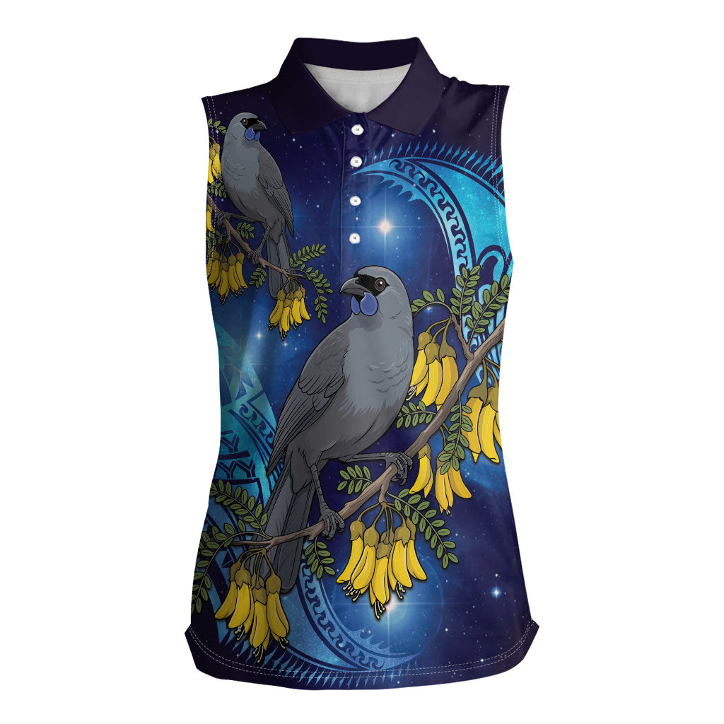 New Zealand Kokako Bird Women Sleeveless Polo Shirt Kowhai Galaxy Style Polynesian Pattern LT22 Female Blue - Polynesian Pride
