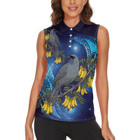 New Zealand Kokako Bird Women Sleeveless Polo Shirt Kowhai Galaxy Style Polynesian Pattern