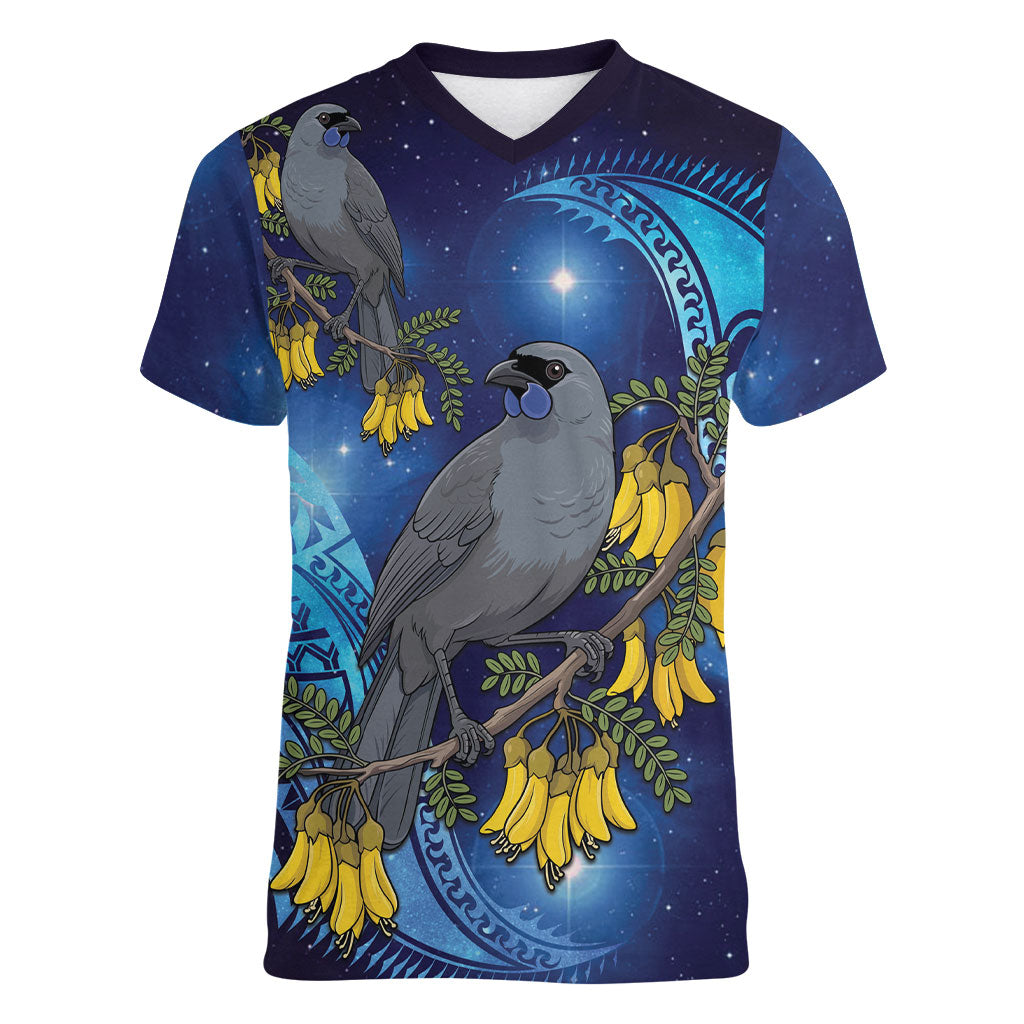 New Zealand Kokako Bird Women V-Neck T-Shirt Kowhai Galaxy Style Polynesian Pattern LT22 Female Blue - Polynesian Pride