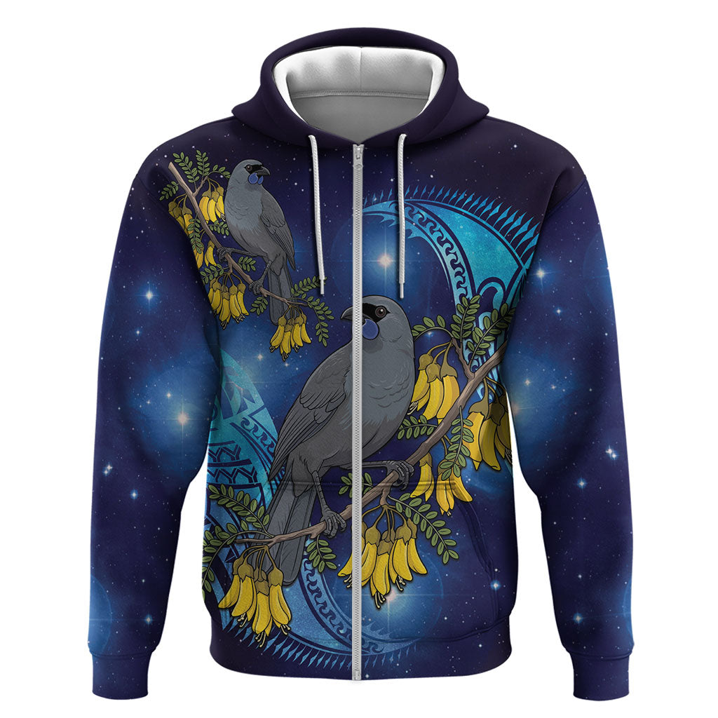 New Zealand Kokako Bird Zip Hoodie Kowhai Galaxy Style Polynesian Pattern LT22 Zip Hoodie Blue - Polynesian Pride