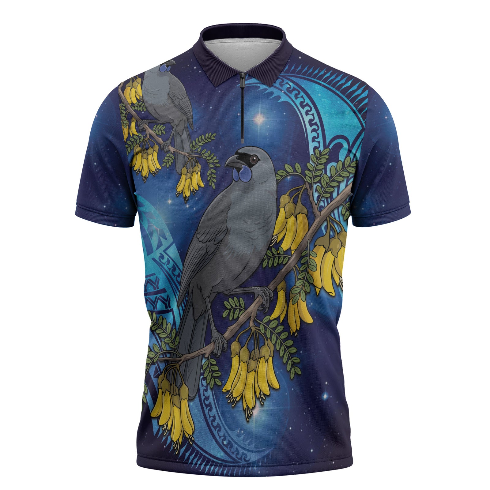 New Zealand Kokako Bird Zipper Polo Shirt Kowhai Galaxy Style Polynesian Pattern LT22 Blue - Polynesian Pride