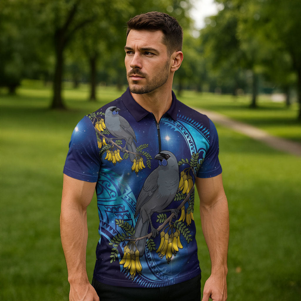 New Zealand Kokako Bird Zipper Polo Shirt Kowhai Galaxy Style Polynesian Pattern