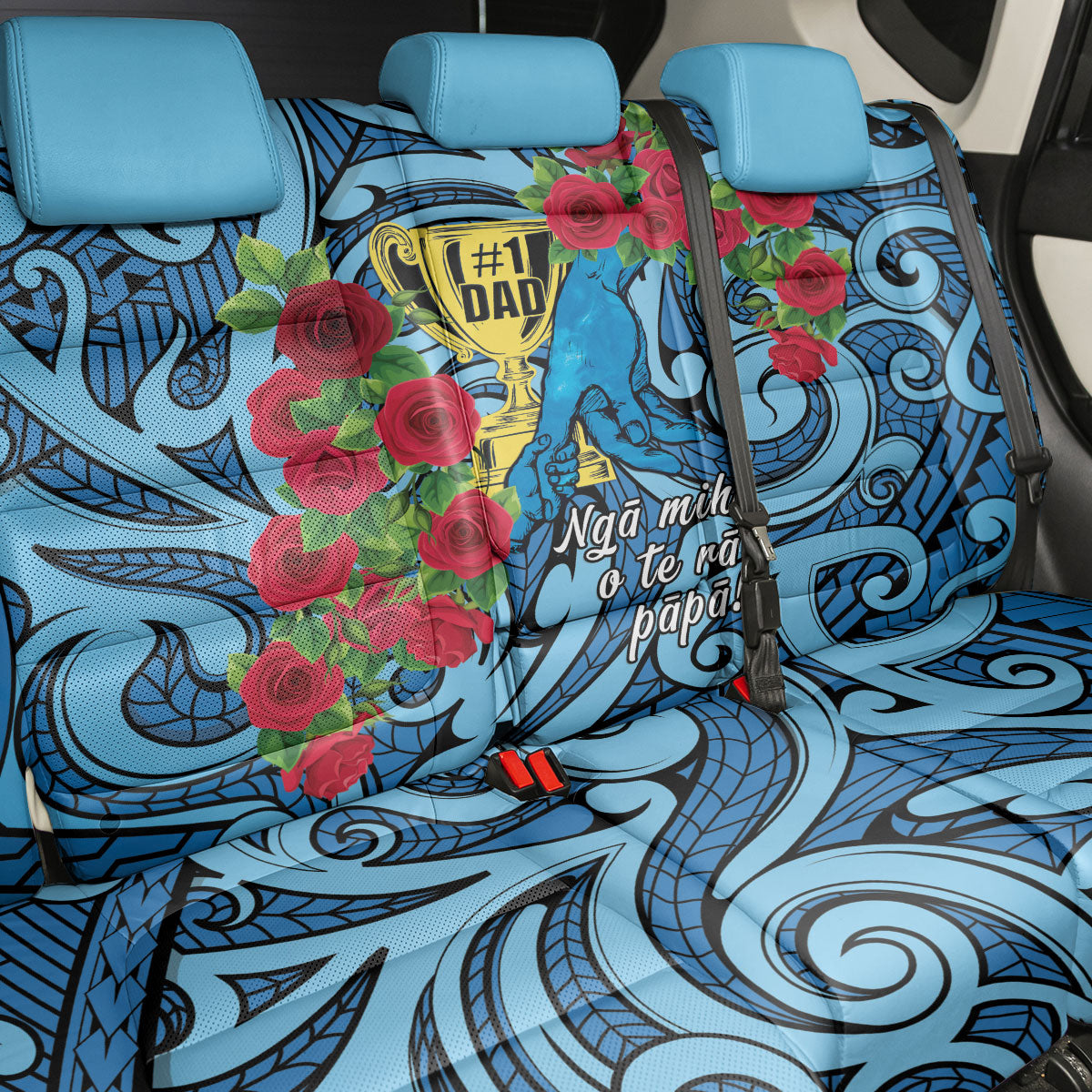 New Zealand Father's Day Back Car Seat Cover Best Dad Trophy Red Rose Maori Pattern LT22 - Polynesian Pride