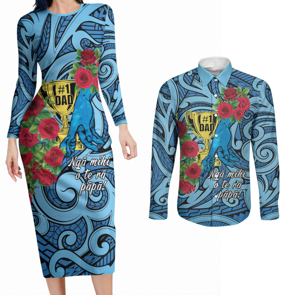Personalised New Zealand Father's Day Couples Matching Long Sleeve Bodycon Dress and Long Sleeve Button Shirt Best Dad Trophy Red Rose Maori Pattern