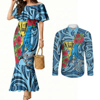 Personalised New Zealand Father's Day Couples Matching Mermaid Dress and Long Sleeve Button Shirt Best Dad Trophy Red Rose Maori Pattern LT22 Blue - Polynesian Pride