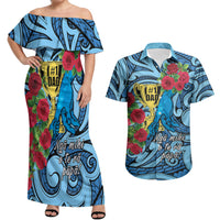 Personalised New Zealand Father's Day Couples Matching Off Shoulder Maxi Dress and Hawaiian Shirt Best Dad Trophy Red Rose Maori Pattern LT22 Blue - Polynesian Pride