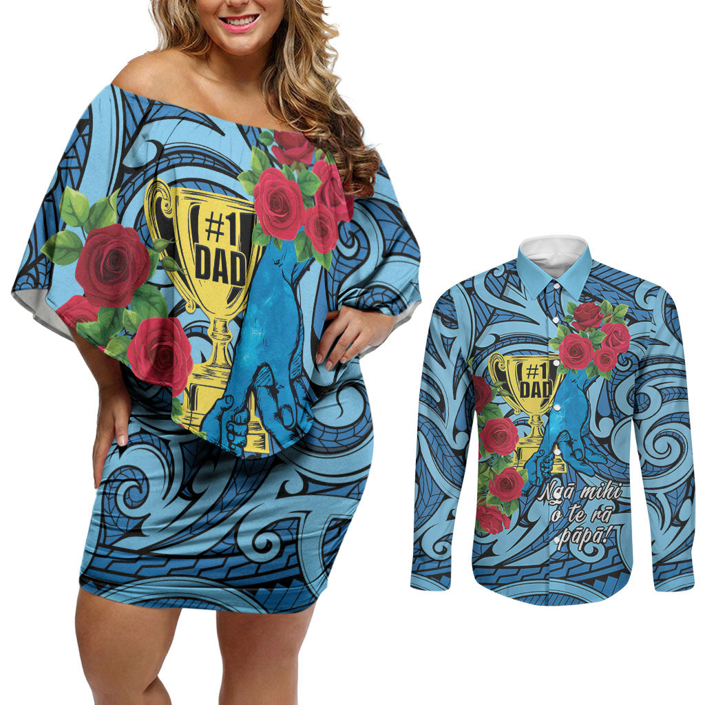 Personalised New Zealand Father's Day Couples Matching Off Shoulder Short Dress and Long Sleeve Button Shirt Best Dad Trophy Red Rose Maori Pattern