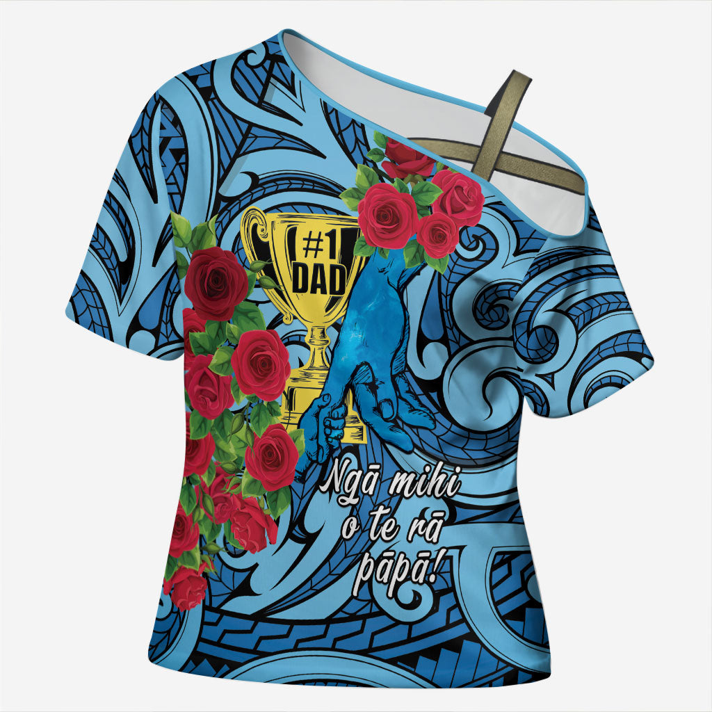 Personalised New Zealand Father's Day Cross Shoulder Shirt Best Dad Trophy Red Rose Maori Pattern LT22 Female Blue - Polynesian Pride