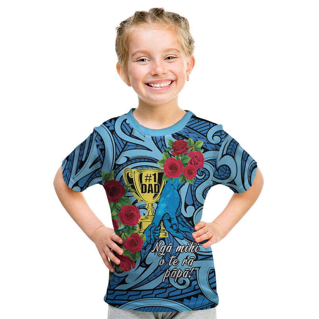 Personalised New Zealand Father's Day Kid T Shirt Best Dad Trophy Red Rose Maori Pattern