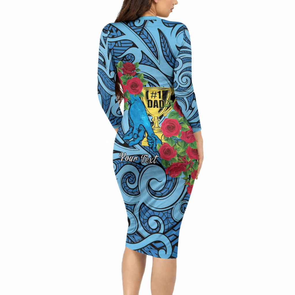 Personalised New Zealand Father's Day Long Sleeve Bodycon Dress Best Dad Trophy Red Rose Maori Pattern LT22 - Polynesian Pride