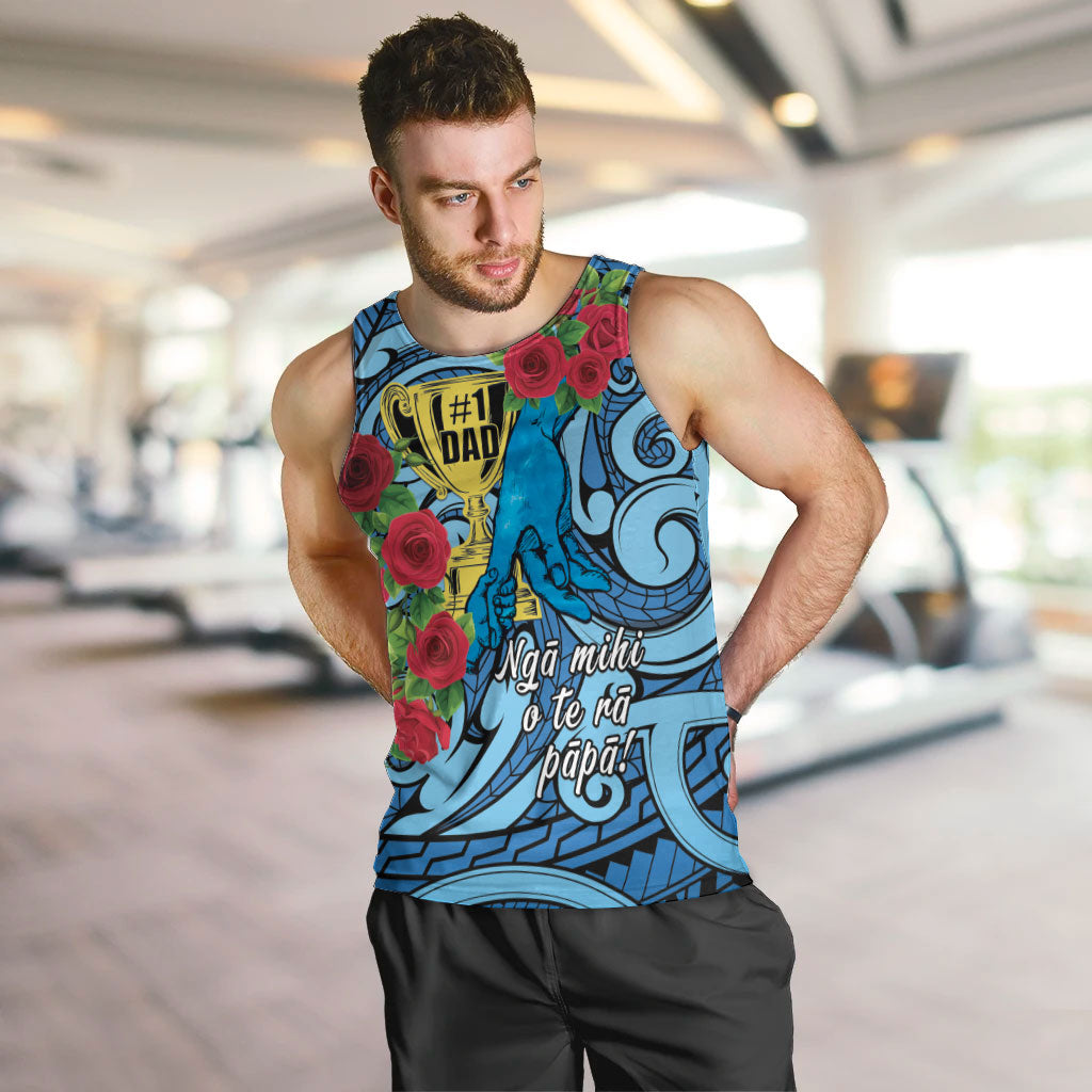 Personalised New Zealand Father's Day Men Tank Top Best Dad Trophy Red Rose Maori Pattern LT22 Blue - Polynesian Pride