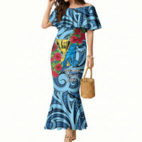 Personalised New Zealand Father's Day Mermaid Dress Best Dad Trophy Red Rose Maori Pattern LT22 Women Blue - Polynesian Pride
