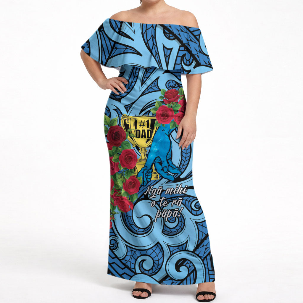 Personalised New Zealand Father's Day Off Shoulder Maxi Dress Best Dad Trophy Red Rose Maori Pattern