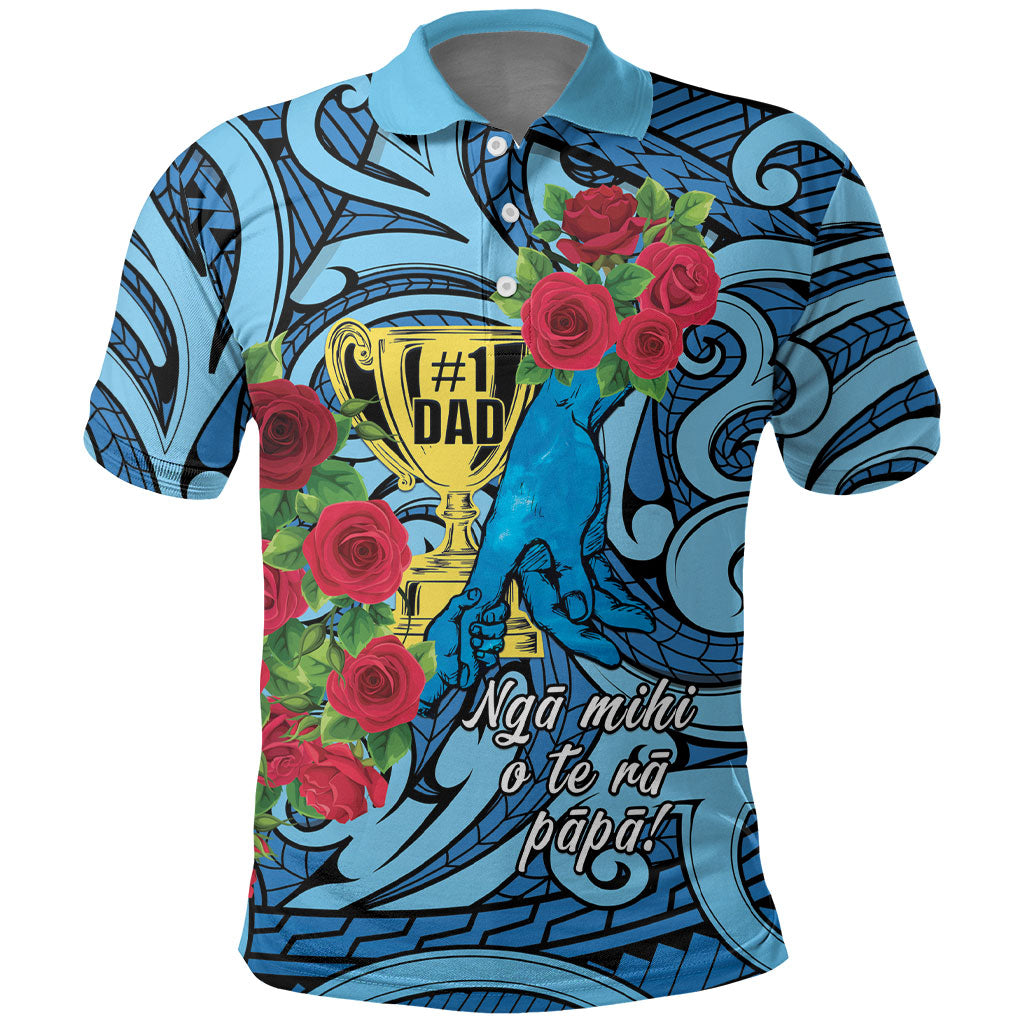 Personalised New Zealand Father's Day Polo Shirt Best Dad Trophy Red Rose Maori Pattern