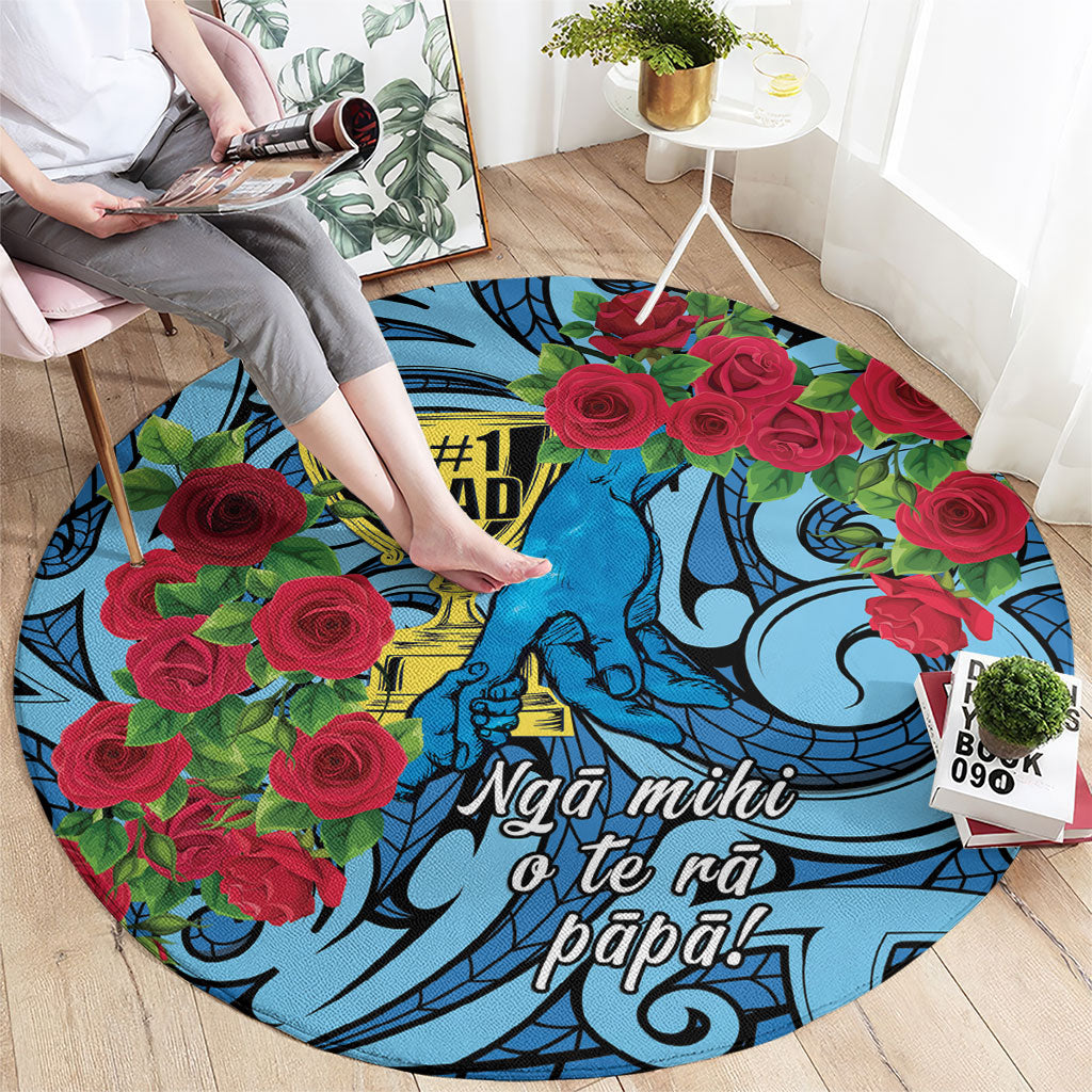 New Zealand Father's Day Round Carpet Best Dad Trophy Red Rose Maori Pattern LT22 - Polynesian Pride