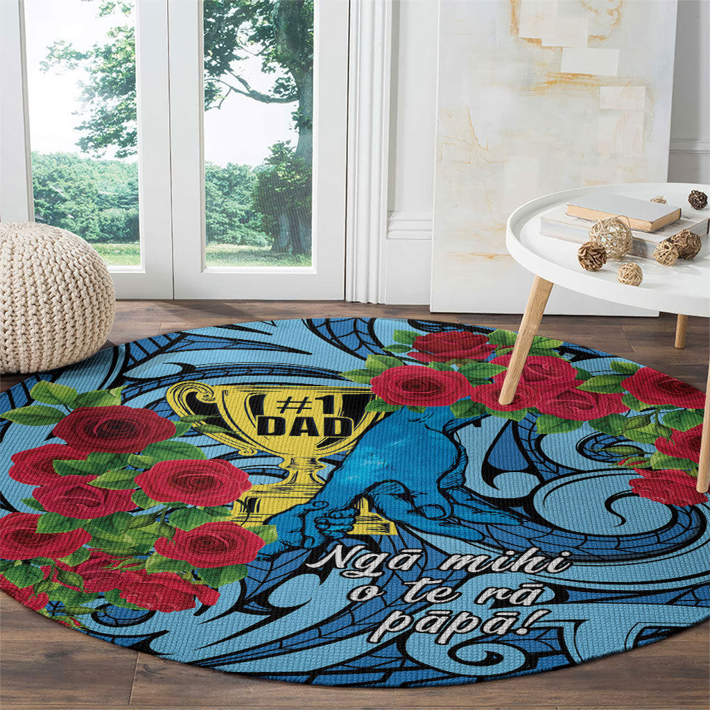 New Zealand Father's Day Round Carpet Best Dad Trophy Red Rose Maori Pattern LT22 - Polynesian Pride