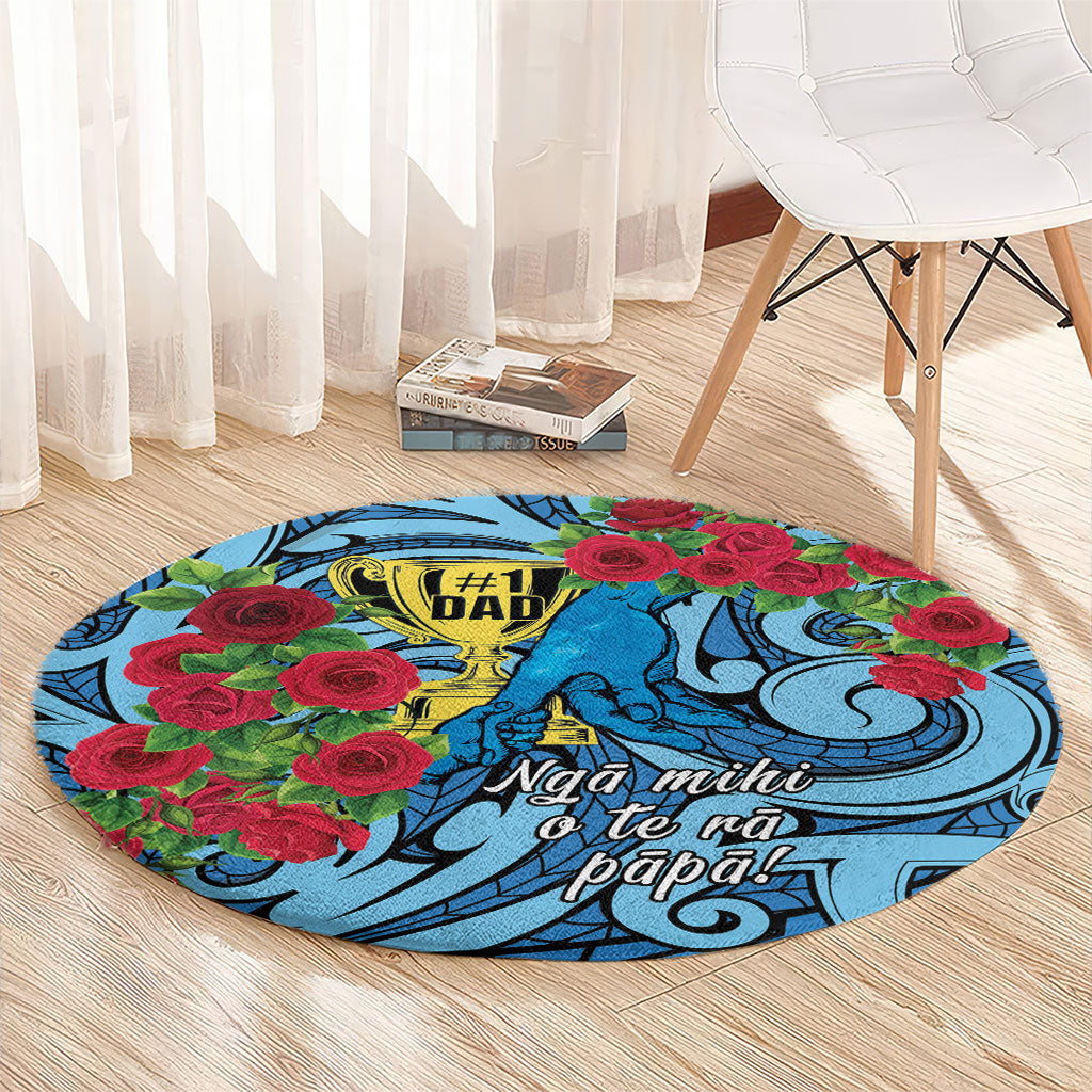 New Zealand Father's Day Round Carpet Best Dad Trophy Red Rose Maori Pattern LT22 - Polynesian Pride
