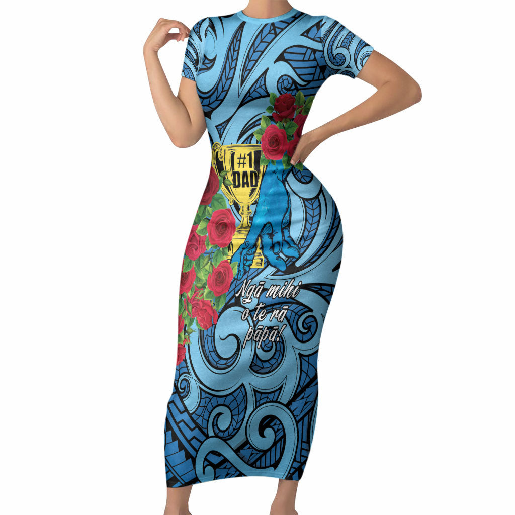 Personalised New Zealand Father's Day Short Sleeve Bodycon Dress Best Dad Trophy Red Rose Maori Pattern