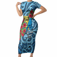 Personalised New Zealand Father's Day Short Sleeve Bodycon Dress Best Dad Trophy Red Rose Maori Pattern LT22 Long Dress Blue - Polynesian Pride