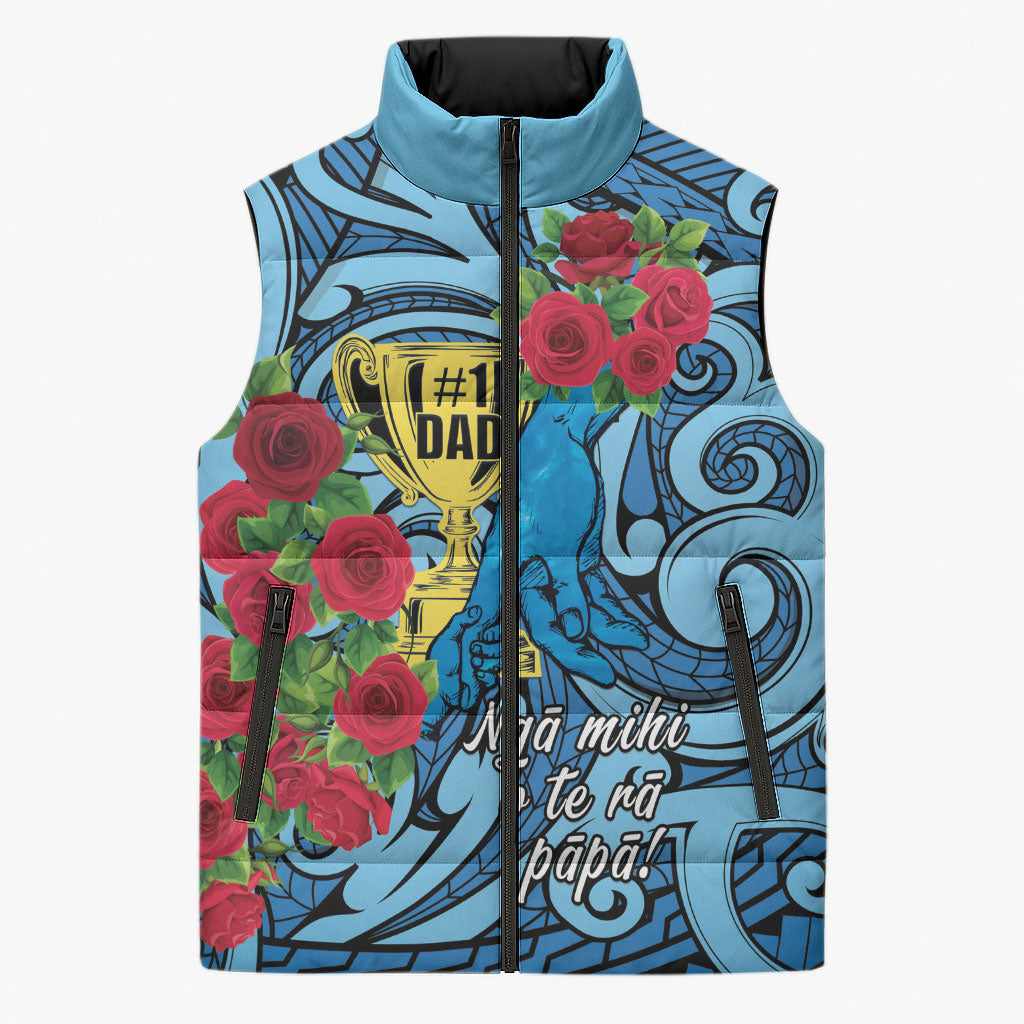 Personalised New Zealand Father's Day Sleeveless Puffer Jacket Best Dad Trophy Red Rose Maori Pattern