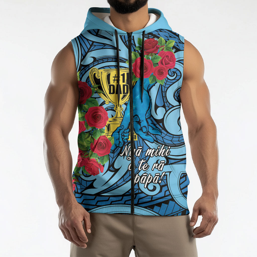 Personalised New Zealand Father's Day Sleeveless Zip Hoodie Best Dad Trophy Red Rose Maori Pattern LT22 - Polynesian Pride