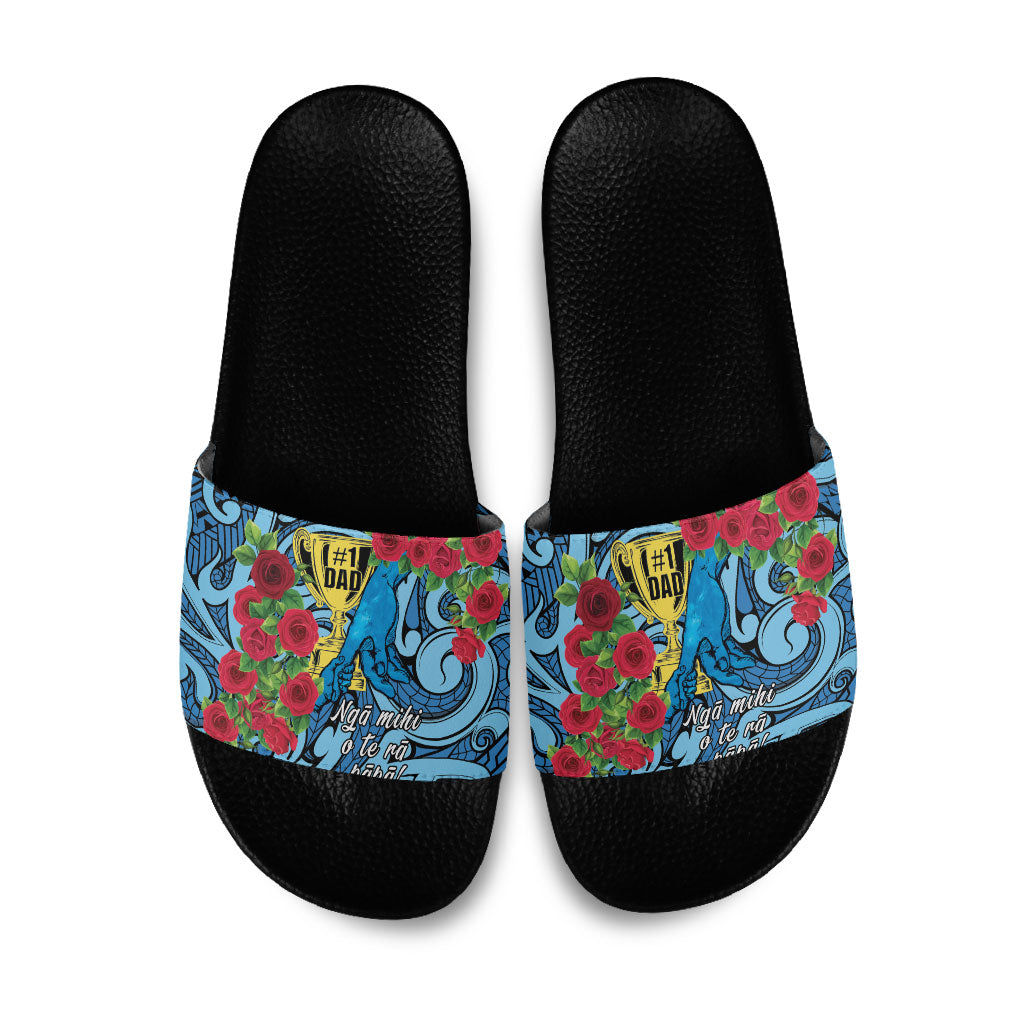 New Zealand Father's Day Slide Sandals Best Dad Trophy Red Rose Maori Pattern