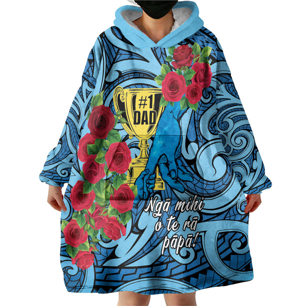 Personalised New Zealand Father's Day Wearable Blanket Hoodie Best Dad Trophy Red Rose Maori Pattern LT22 - Polynesian Pride