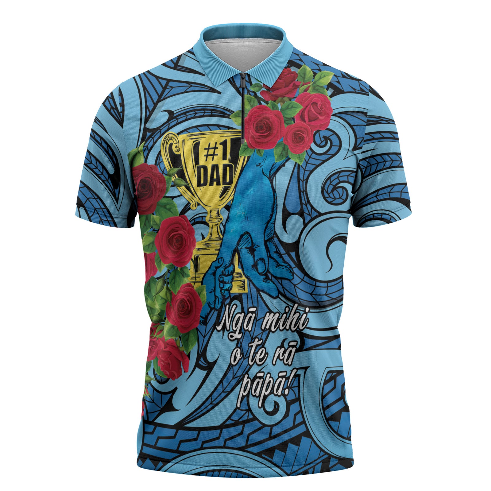Personalised New Zealand Father's Day Zipper Polo Shirt Best Dad Trophy Red Rose Maori Pattern