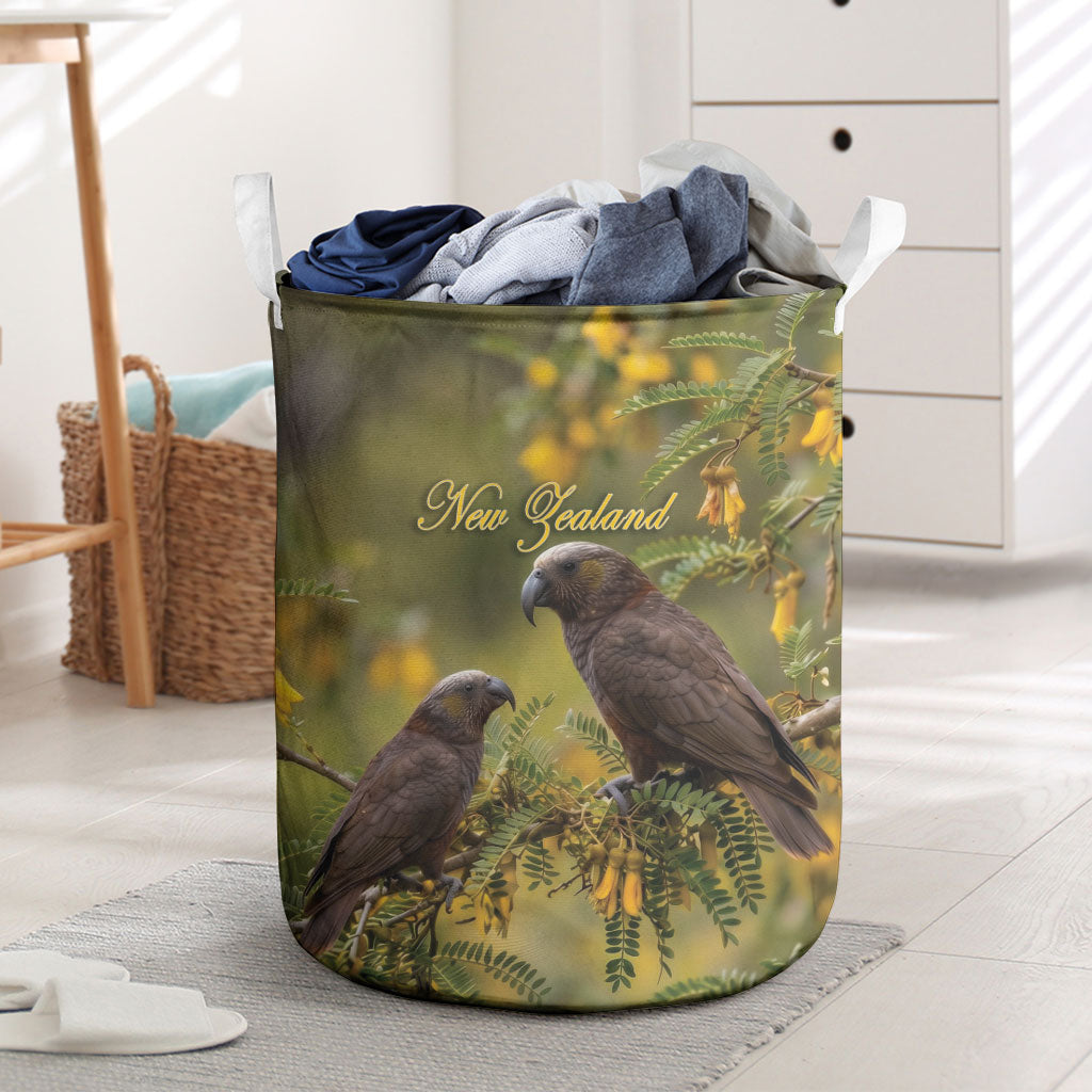 New Zealand Kaka Bird Laundry Basket Kowhai Flower Landscape Style LT22 Green - Polynesian Pride