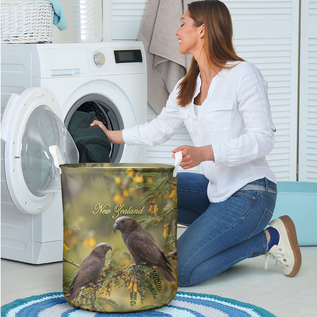 New Zealand Kaka Bird Laundry Basket Kowhai Flower Landscape Style LT22 - Polynesian Pride