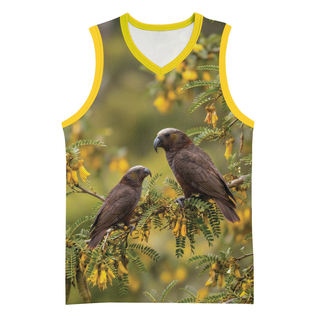 New Zealand Kaka Bird Basketball Jersey Kowhai Flower Landscape Style LT22 Unisex Green - Polynesian Pride